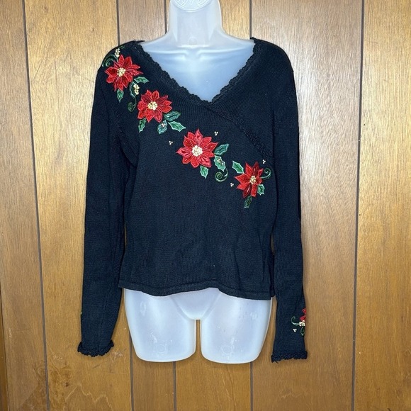 Tiara International Sweaters - Vintage Tiara International Christmas Sweater S Sequin Beaded Poinsettias Y2K